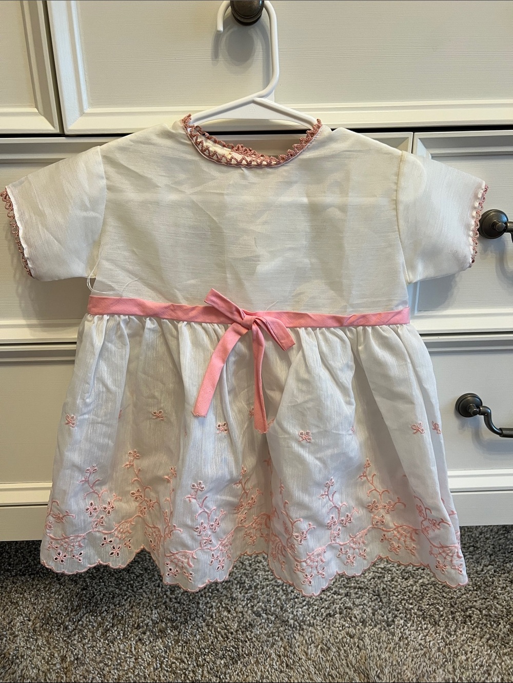 Hand made White Baby Dress with Pink Embroidery and Ribbon